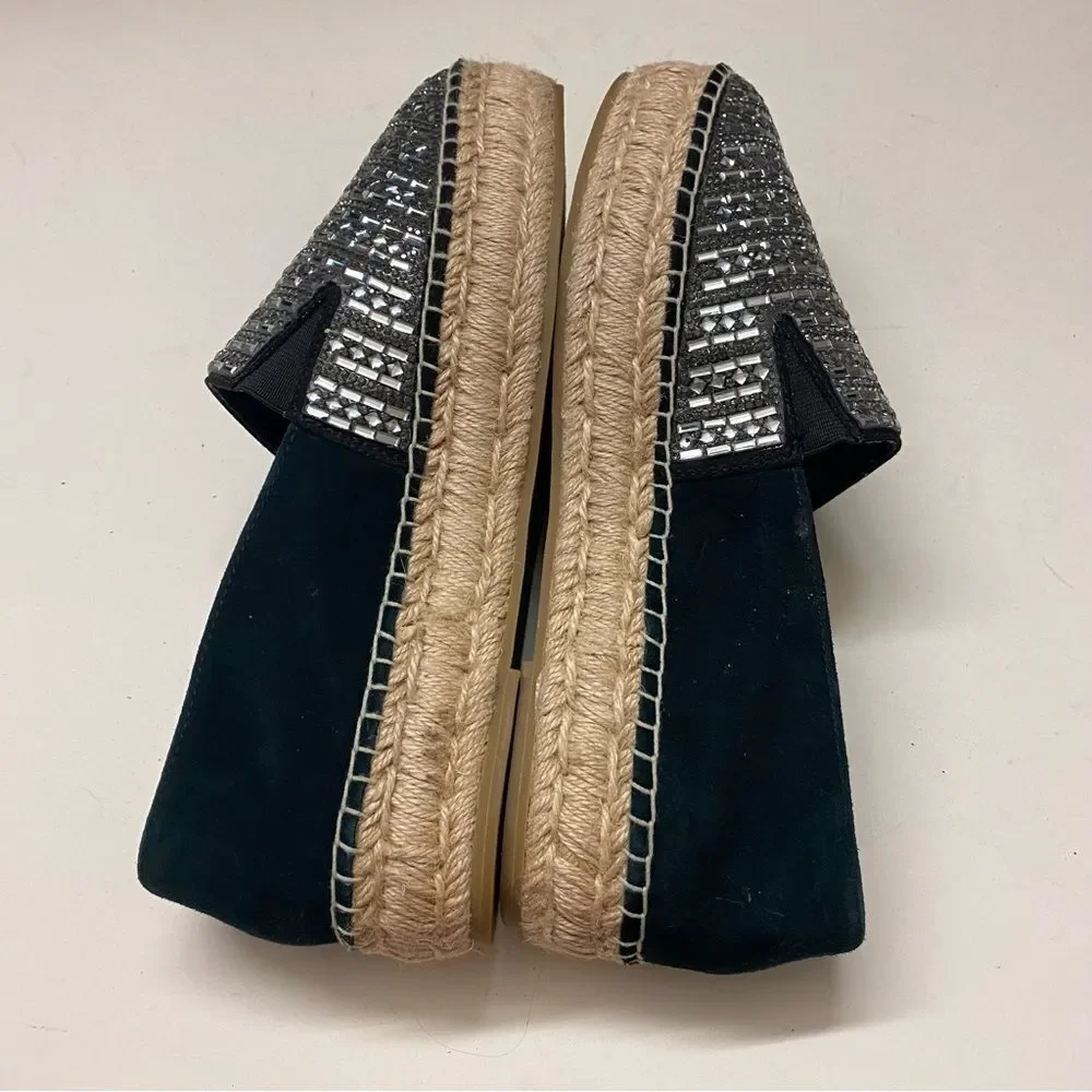 STEVE MADDEN Proud Black Silver Embellished Leather Platform Espadrilles shoe 10